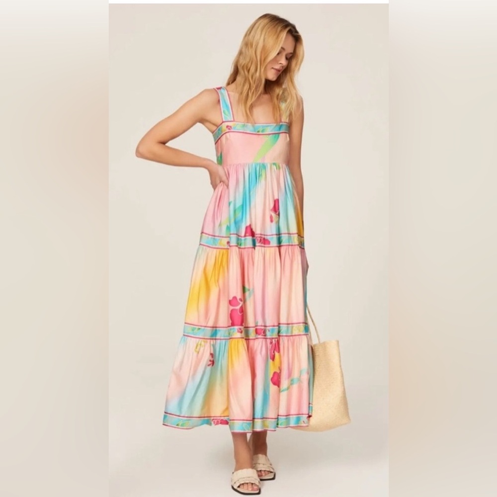 HUNTER BELL Rita Pink and Green Tiered Maxi Sundress